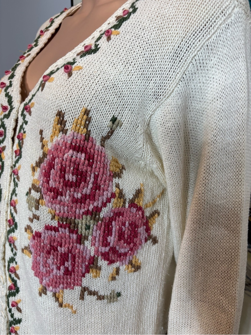 Cream Floral V-Neck Sweater with Pink Rose Embroidery - Picture 5 of 13